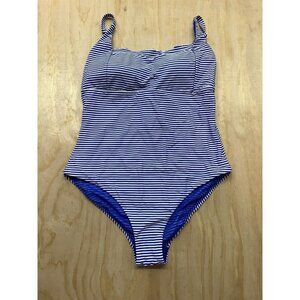 Sea Level Scalloped Square Neck One-Piece Swimsuit Sz 10 Blue Stripe MSRP $155